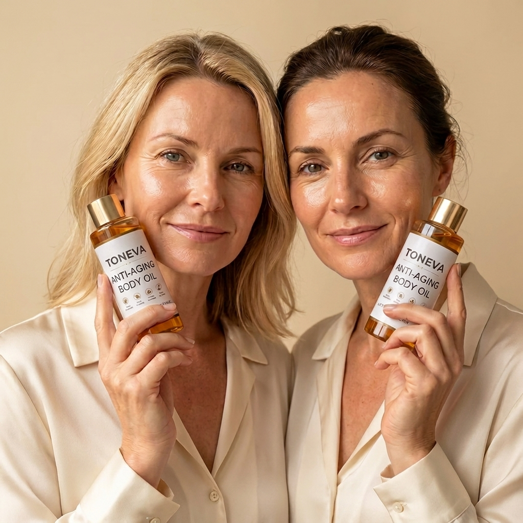 Two friends both using Toneva Anti-Aging Body Oil